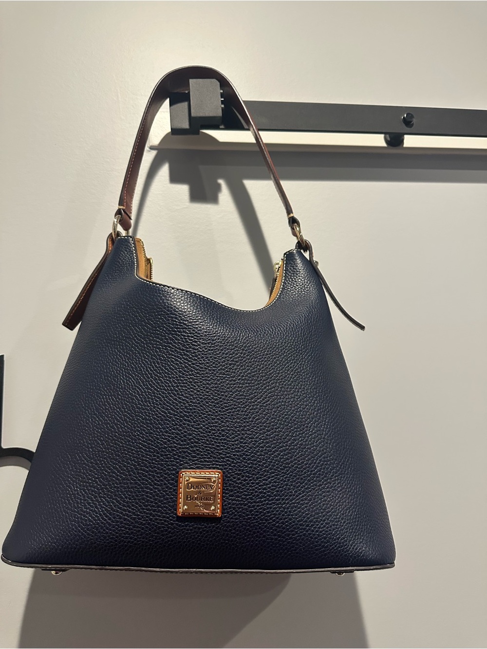Dooney & Bourke Navy Pebbled Leather Shoulder Hobo with Brown Trim